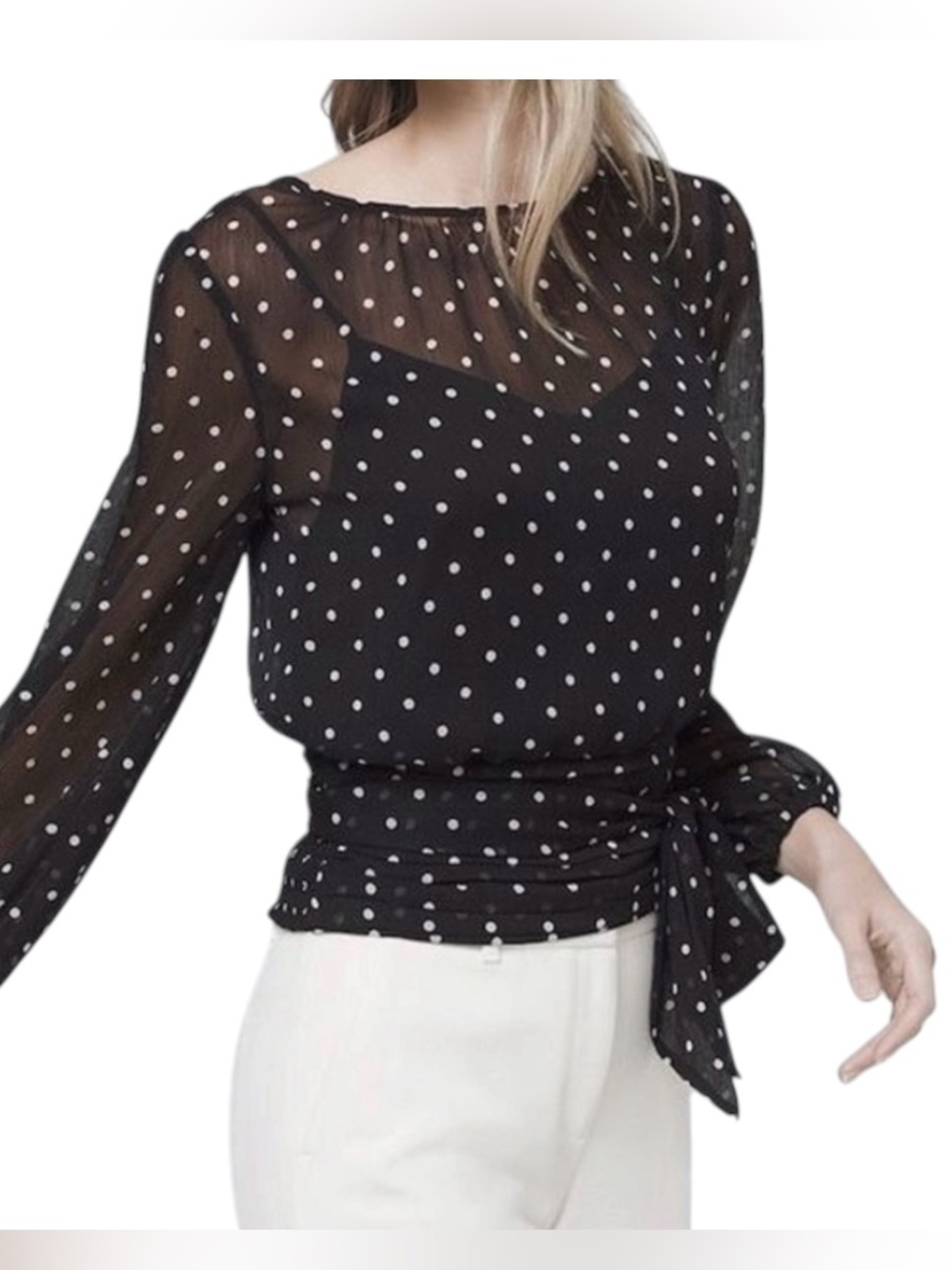 WHBM SHEER POLKA DOT LONG SLEEVE TOP